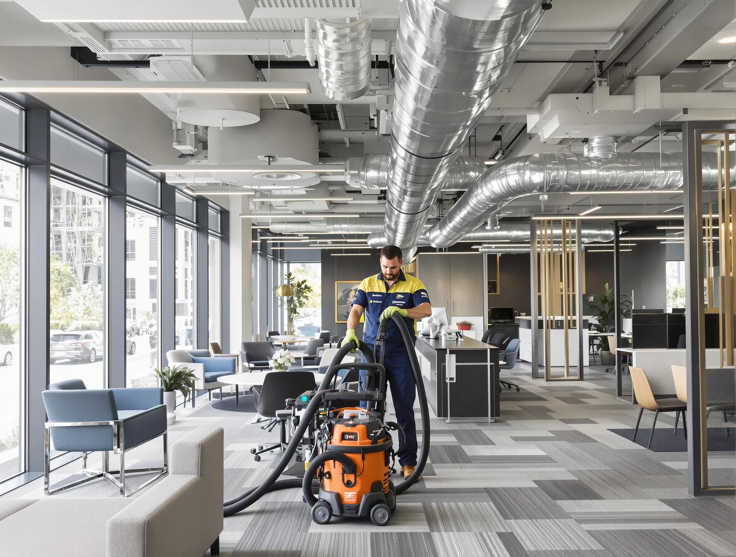 Hampton Air Duct Cleaning team performing thorough commercial duct cleaning at a Hampton business center